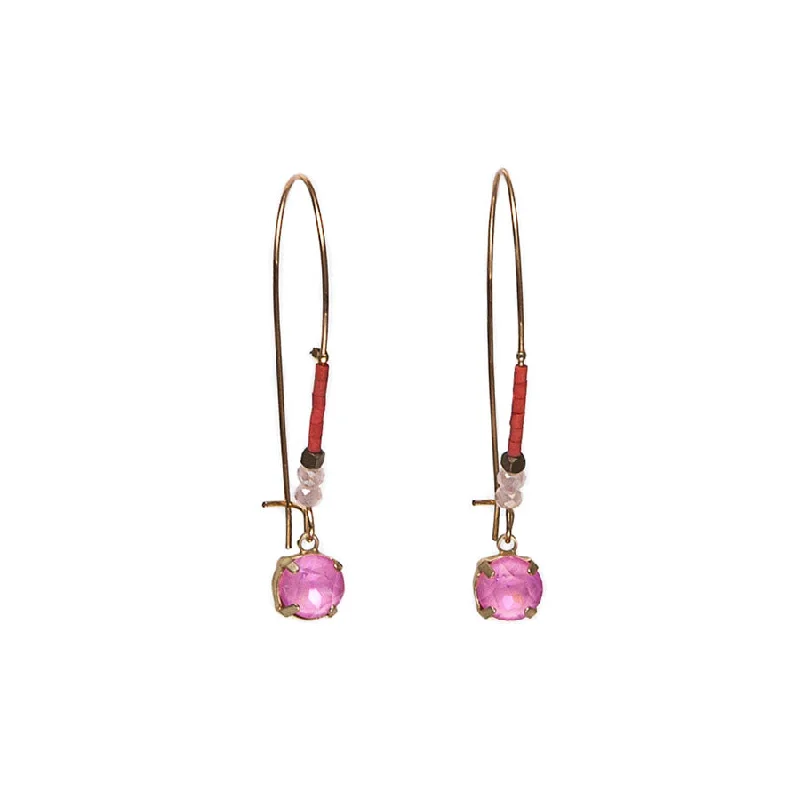 Ladies playful flair earrings -Hot Tomato Pink Crystal Drop-on Elongated Beaded Hook Earrings