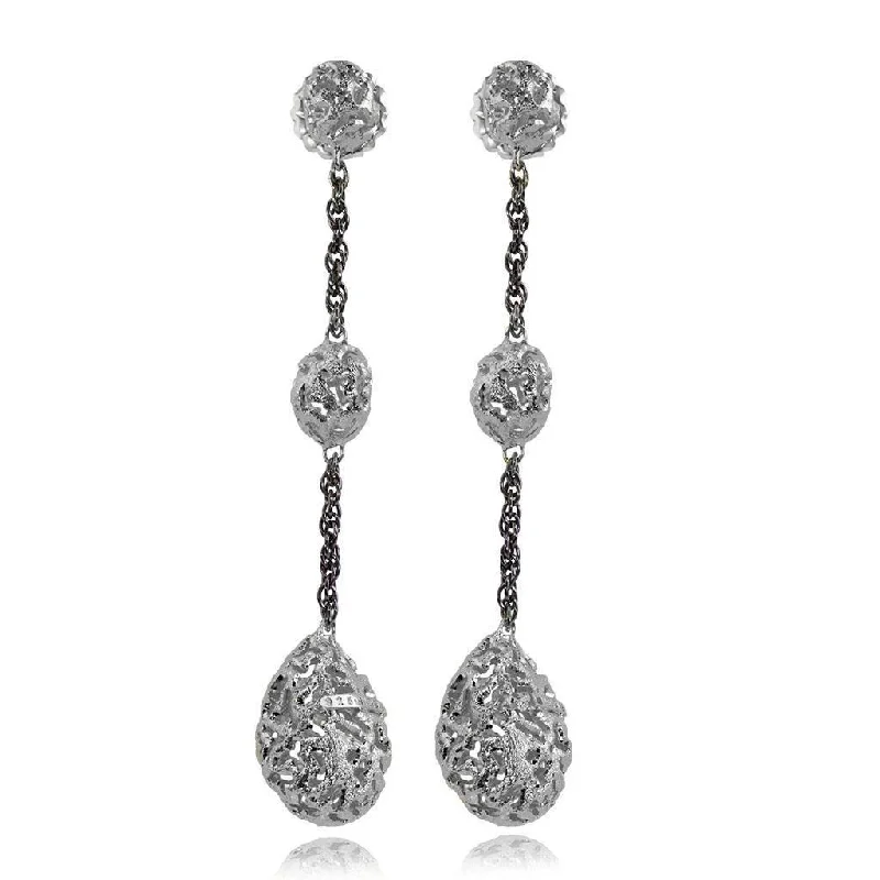 Ladies weathered patina earrings -Silver Meteorite Long Drop Earrings