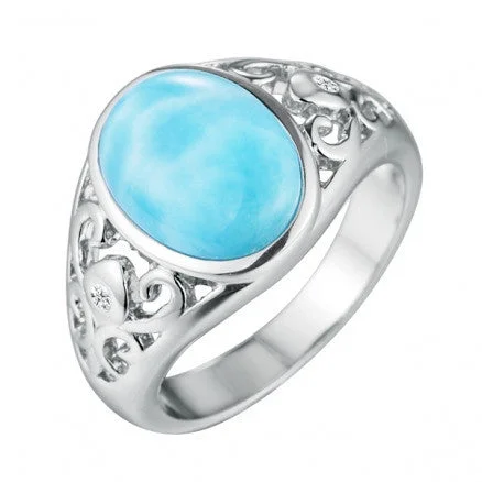 Ladies satin sheen rings -Sterling Silver Alamea Hawaii Oval Larimar Filigree Ring