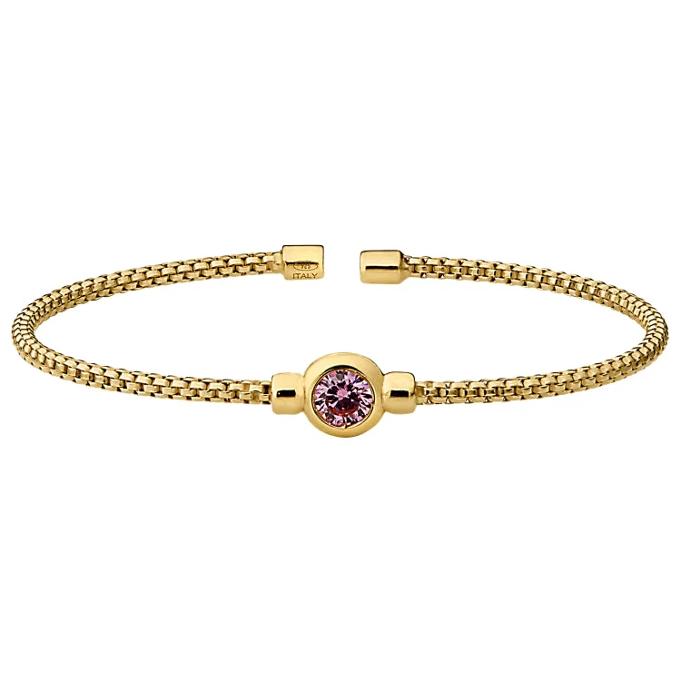 Ladies Bracelets for Bride Glow-Gold Finish Sterling Silver Rounded Box Link Cuff Bracelet with Bezel Set Simulated Pink Sapphire Birth Gem