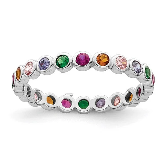 Ladies starry guide rings -Sterling Silver Multi Color Bezel Set Band Ring