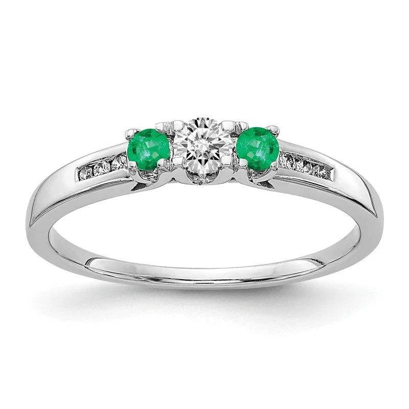 Ladies cocktail dazzle rings -14k White Gold Diamond & Emerald 3-Stone Ring