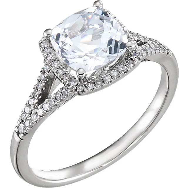 Ladies serene touch rings -14K White Gold 7mm Cushion Cut Created White Sapphire & Diamond Halo Ring