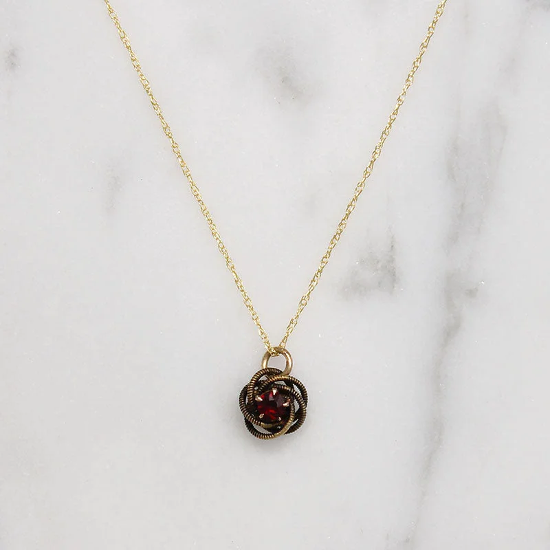 Ladies Necklaces with Globe Glow-Engraved Gold & Garnet Wee Love Knot Necklace