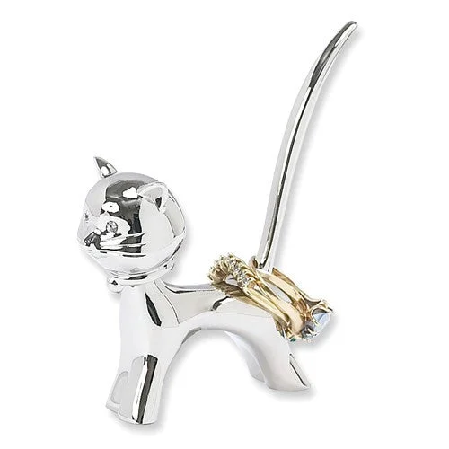 Ladies slim silhouette rings -Silver-Plated Bobble Head Cat Ring Holder