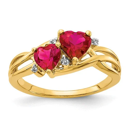 Ladies colorful gem rings -14k Yellow Gold Lab Created Ruby And Diamond Double Heart Ring