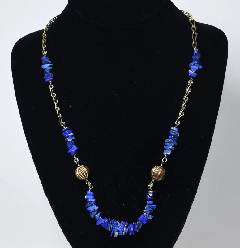 Ladies Necklaces Multi-Strand Spark-Lapis Lazuli Chip Bead Chain Necklace with Fluted Copper Beads