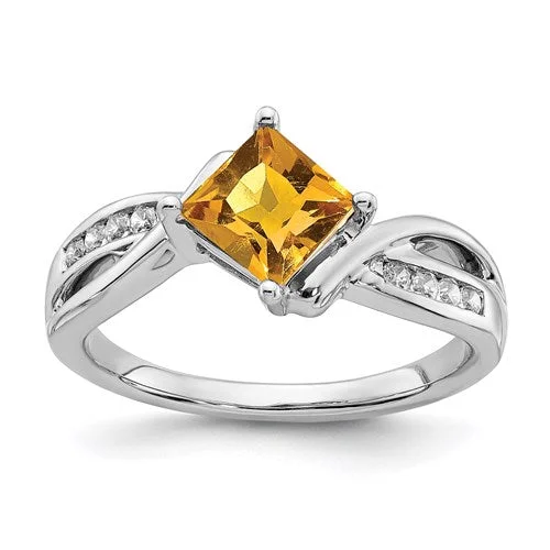 Ladies 10K gold band rings -14k White Gold Citrine Square and Diamond Ring