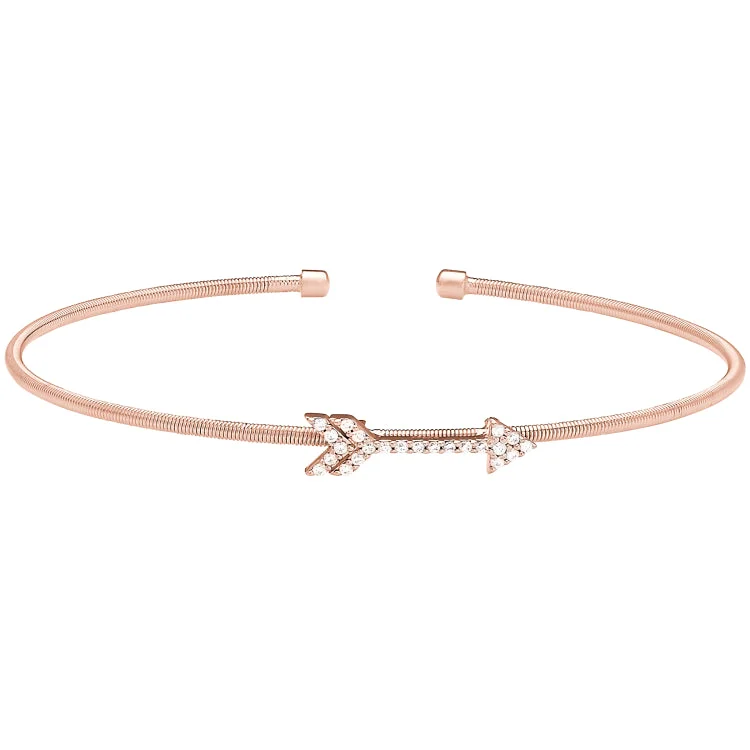 Ladies Bracelets with Lock Shine-Rose Gold Finish Sterling Silver Cable Cuff Arrow Bracelet with Simulated Diamonds