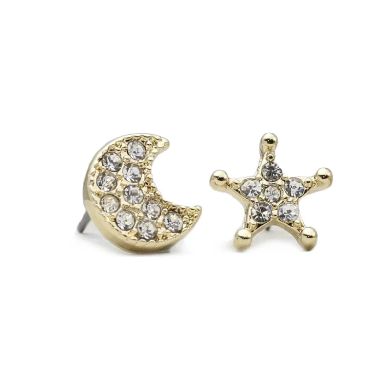 Ladies fragile thin earrings -Pom Moon and Star Gold Plated Crystal Stud Earrings