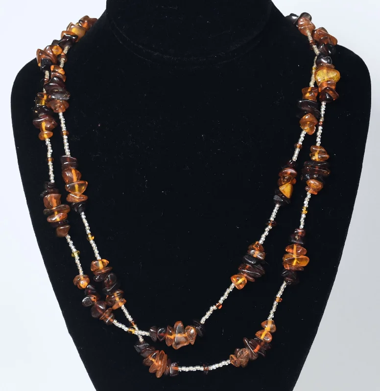 Ladies Necklaces with Dark Obsidian-Amber Bead Single Strand Opera Necklace - 55 inches!