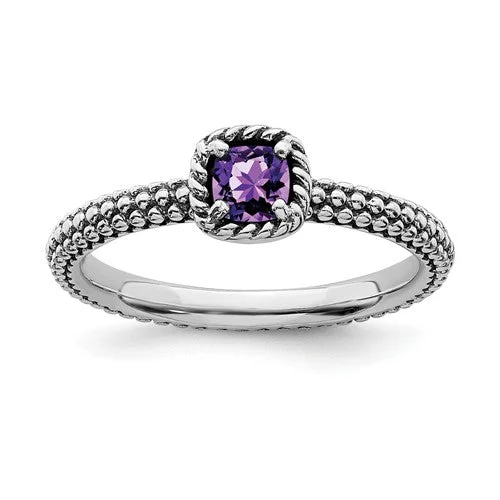 Ladies keepsake charm rings -Sterling Silver Stackable Expressions Checker-Cut Amethyst Antiqued Ring