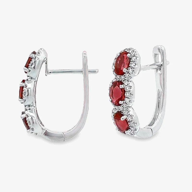 Ladies distinctive unique earrings -U-Hoop Ruby & Diamond Halo Earrings