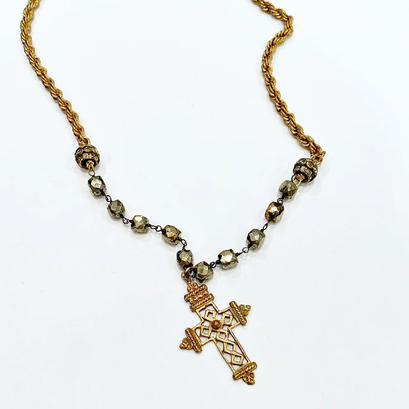 Ladies Necklaces for Youth Glow-Necklace - Coptic Cross on Pyrite with a Vintage Rope Chain