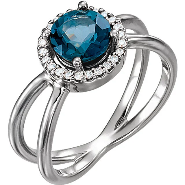 Ladies birthday sparkle rings -14k Gold London Blue Topaz & 1/8 CTW Diamond Halo-Style X Band Ring