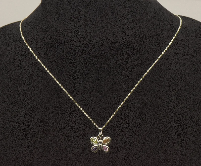 Ladies Necklaces with Green Rosasite-Vintage Sterling Silver Multi-Color Crystal Butterfly Pendant on Sterling Silver Chain Necklace - 16"