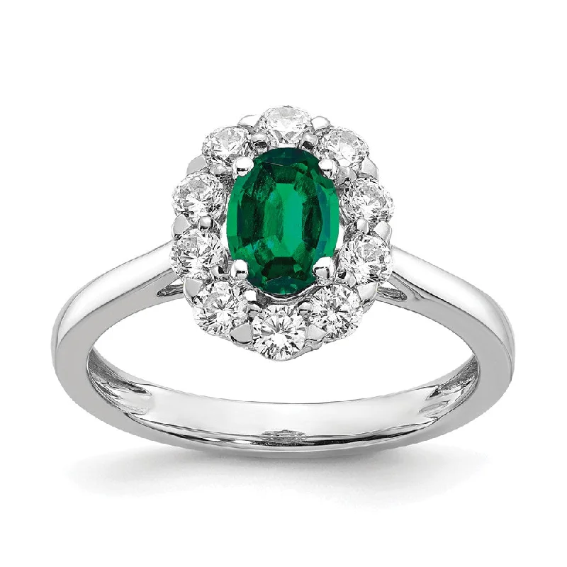 Ladies steampunk gear rings -14K White Gold Lab Grown Diamond & Created Emerald Oval Ring