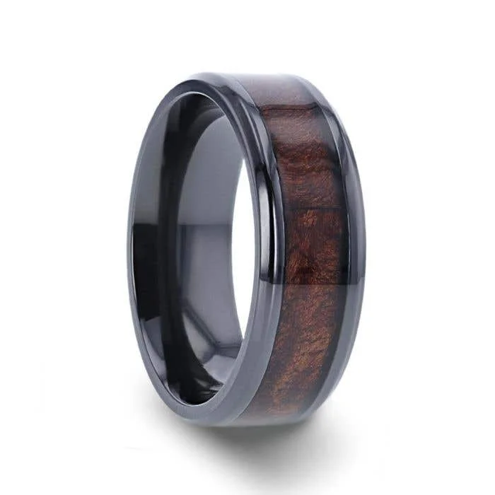 Ladies matching couple rings -Thorsten CERISE Redwood Inlaid Black Ceramic Ring with Beveled Edges - 8mm