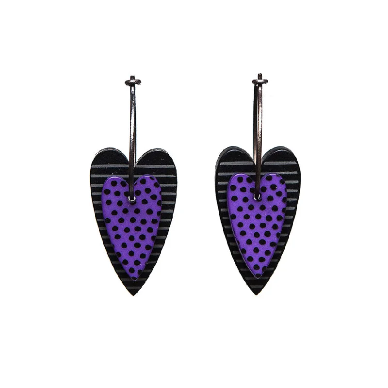 Ladies relaxed daily earrings -Lene Lundberg K-Form Purple and Black Double Heart Earrings