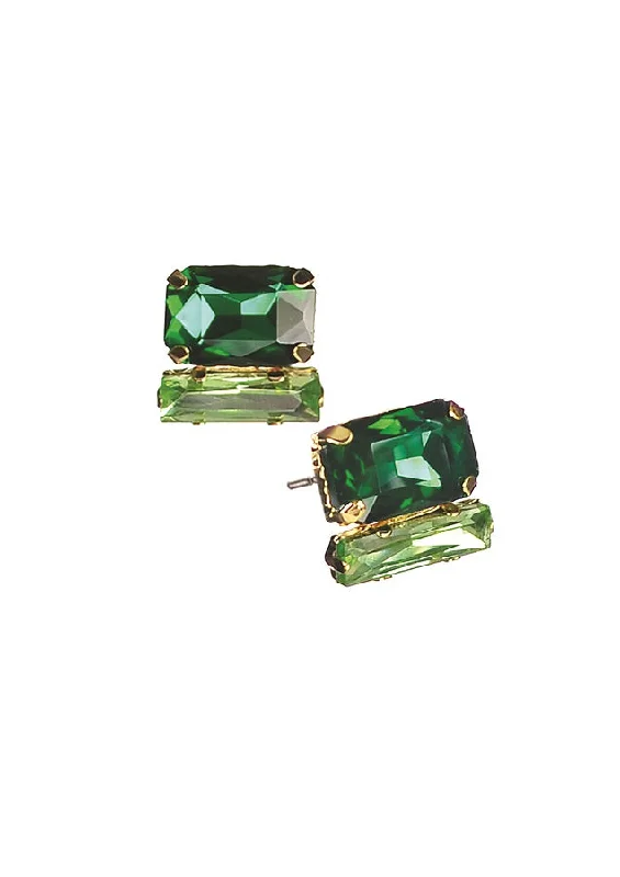 Ladies oval charm earrings -Hot Tomato Beguiling Baguette Cut Double Stud Earrings - Green & Greener