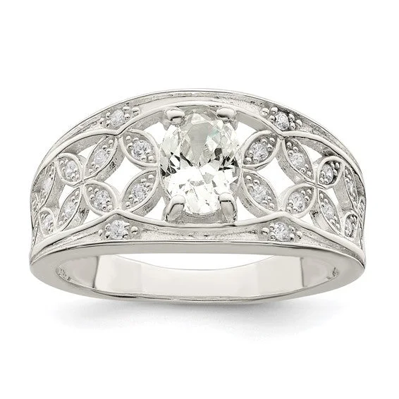 Ladies playful flair rings -Sterling Silver CZ Oval Floral Ring Set