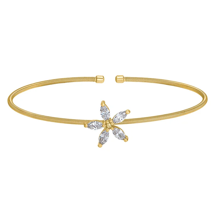 Ladies Bracelets Classic Spark-Gold Finish Sterling Silver Cable Cuff Flower Bracelet with Simulated Diamonds