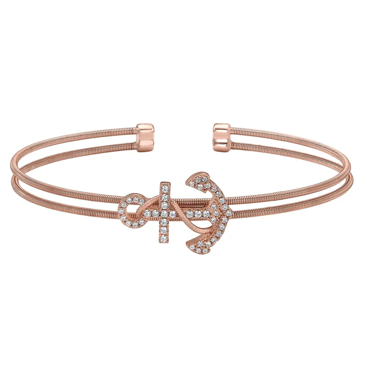 Ladies Bracelets with Teardrop Spark-Rose Gold Finish Sterling Silver Two Cable Anchor Cuff Bracelet Bracelet with Simulated Diamonds