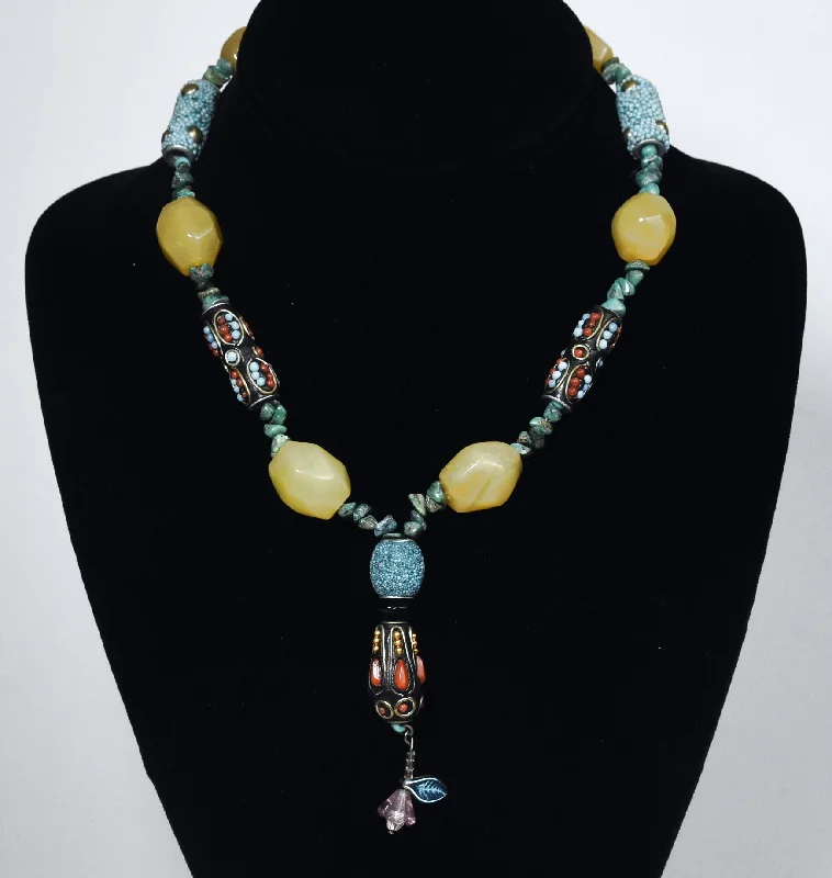 Ladies Necklaces for Artist Glow-Ornate Colorful Beaded Necklace with Turquoise Chips