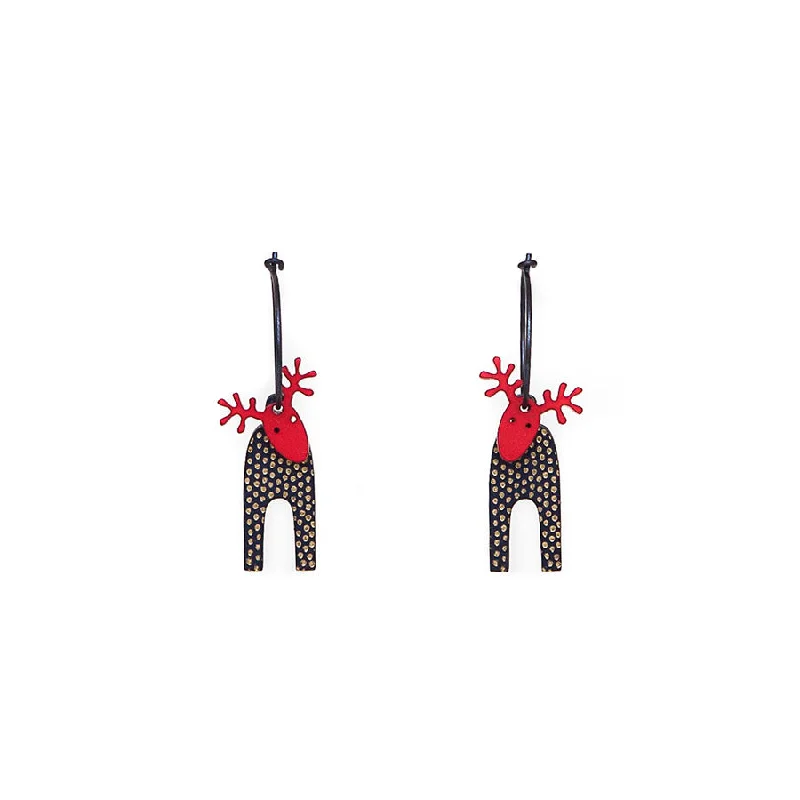 Ladies daring edge earrings -Lene Lundberg K-Form Navy/Gold Spot/Red Head Reindeer Earrings