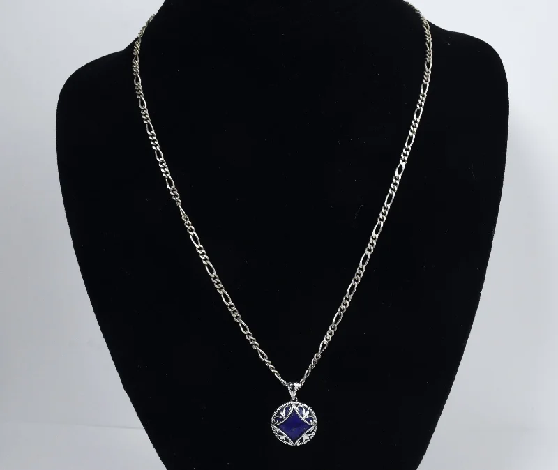 Ladies Necklaces Luxe Glow-Sterling Silver Lapis Lazuli Pendant on Sterling Silver Figaro Link Chain Necklace - 20"