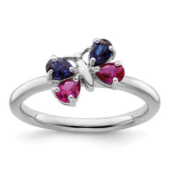 Ladies thick statement rings -Sterling Silver Stackable Expressions Ruby and Blue Sapphire Butterfly Ring