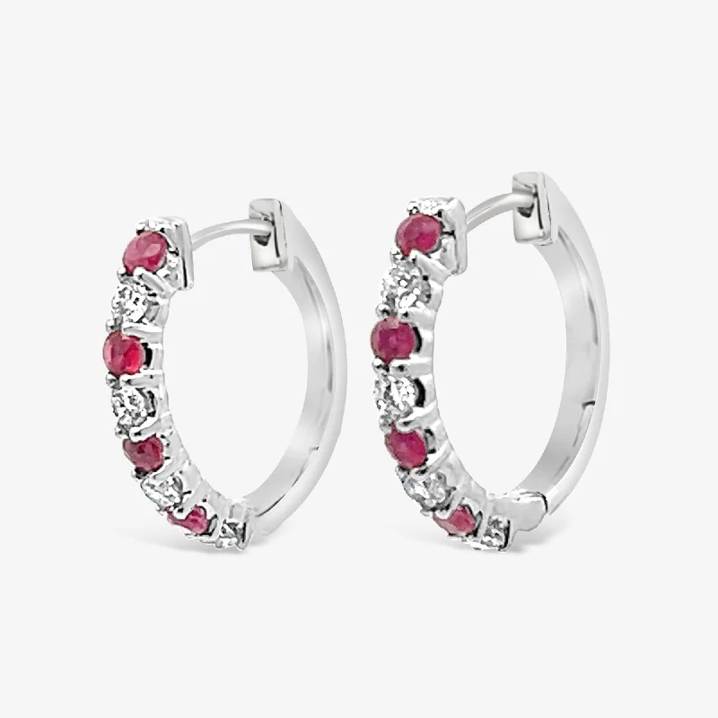 Ladies chunky hoop earrings -Alternating Ruby & Diamond Hoop Earrings