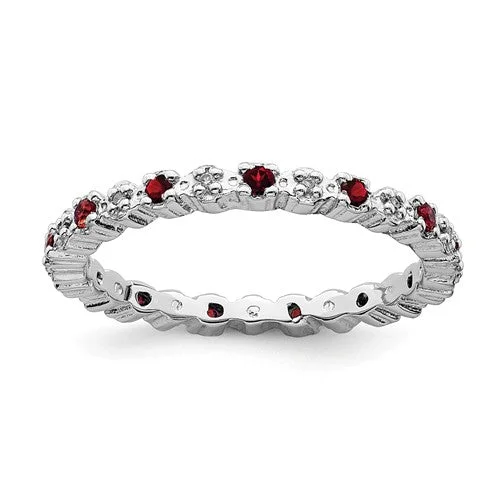 Ladies bar dangle rings -Sterling Silver Stackable Expressions Garnet & Diamond Alternating Eternity Ring